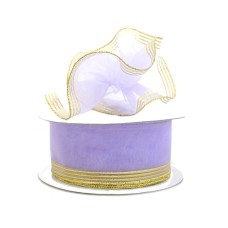1.5 Inch Lavender Organza Pull Bow Ribbon With 4 Rows of Gold Stripe Accents, 25 Yards (Lot of 1 Spool) SALE ITEM